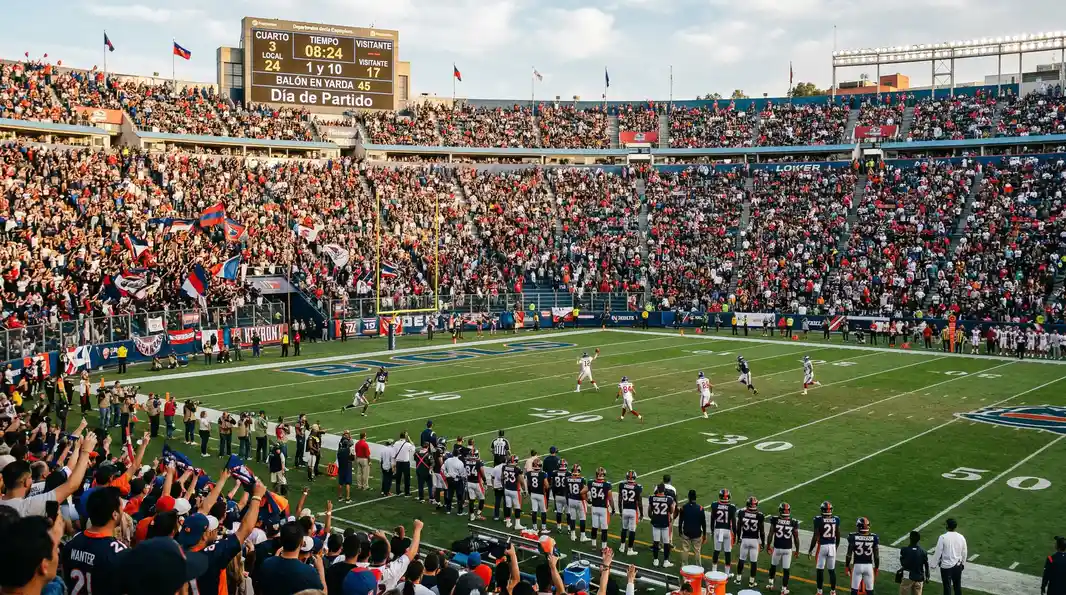 Campo de fútbol americano NFL visto desde las gradas con líneas de yardas y porterías iluminadas