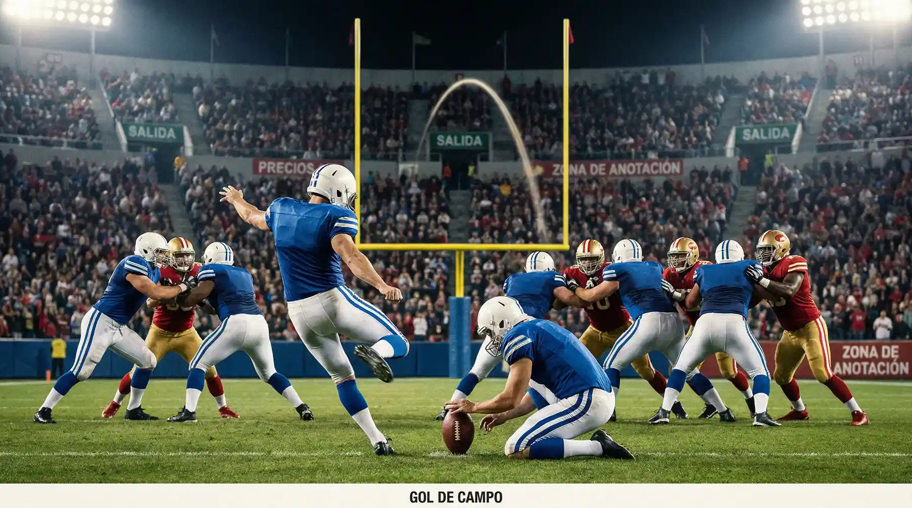 Estadio de fútbol americano iluminado durante el Super Bowl con aficionados en las gradas