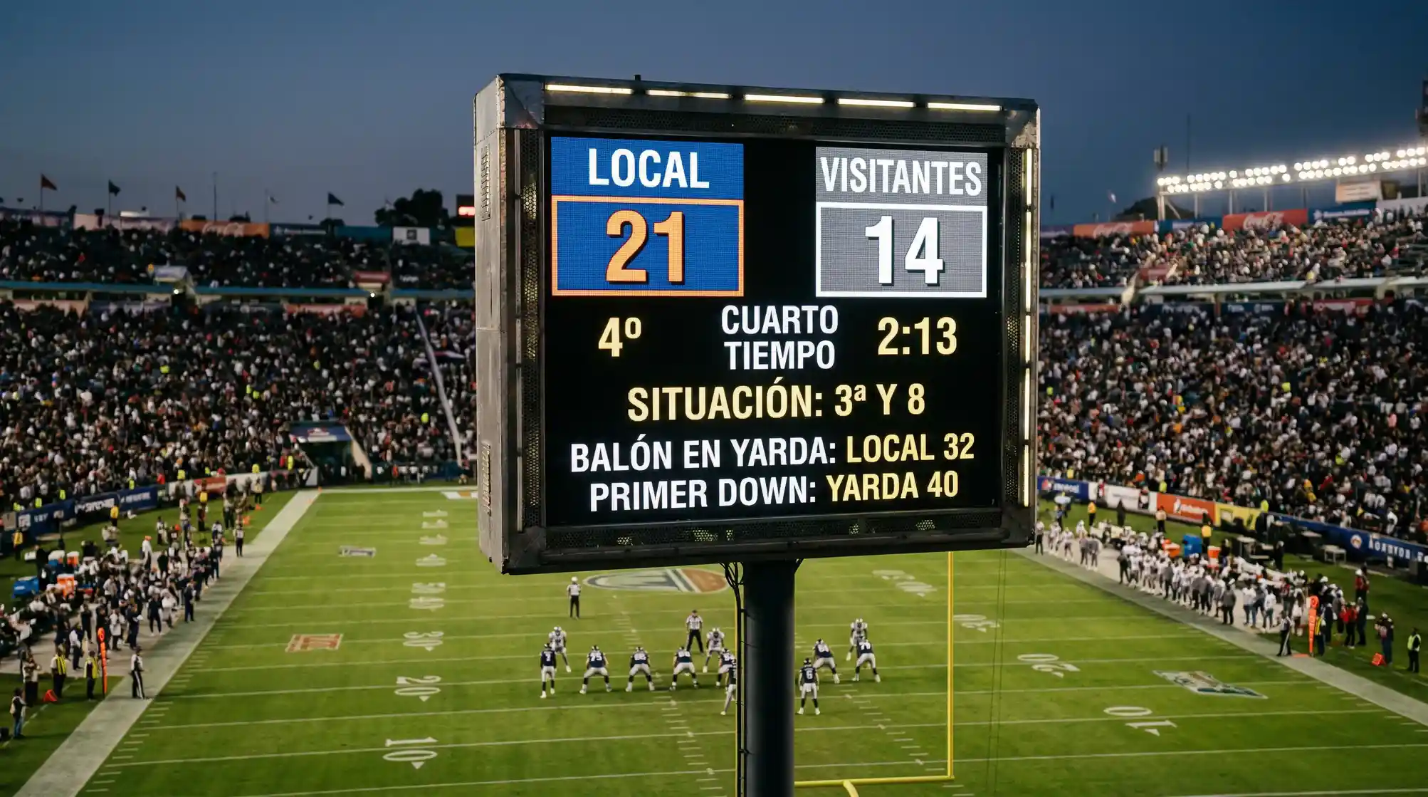 Estadio NFL lleno de espectadores durante partido con vista amplia del campo y las gradas