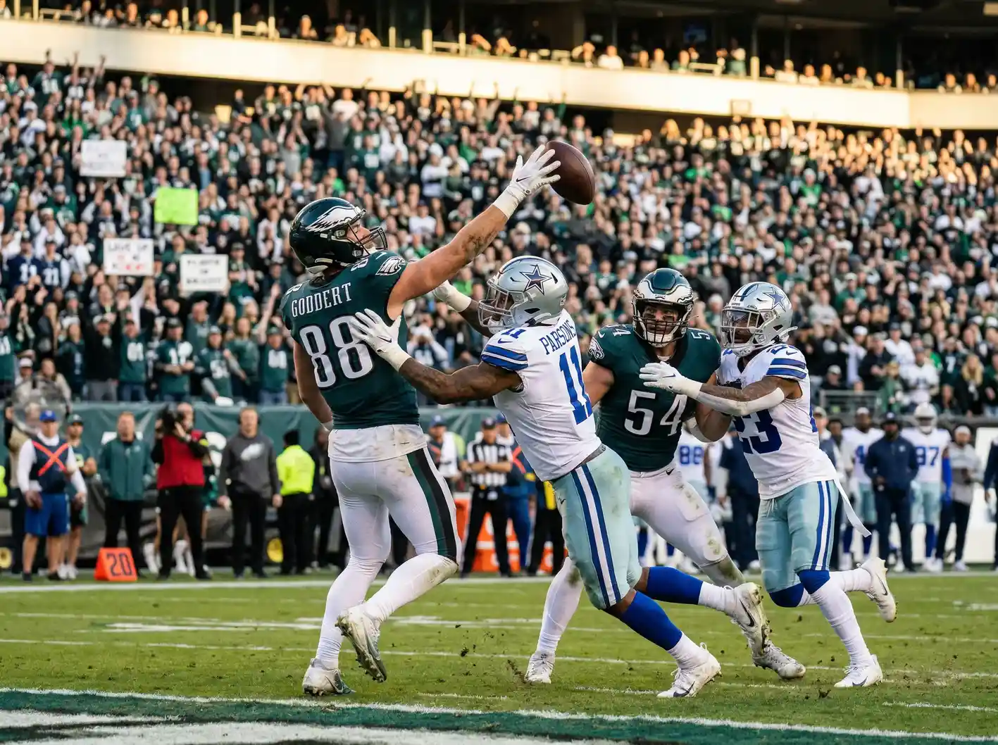 Partido intenso de rivalidad NFL con jugadores de equipos contrarios compitiendo por el balón