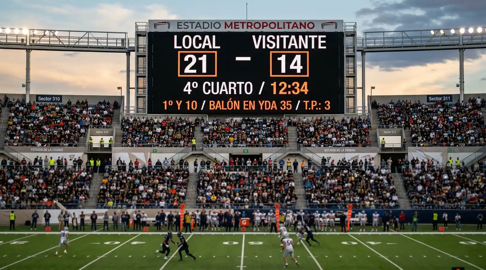 Estadio de futbol americano NFL iluminado durante un partido nocturno con aficionados en las gradas